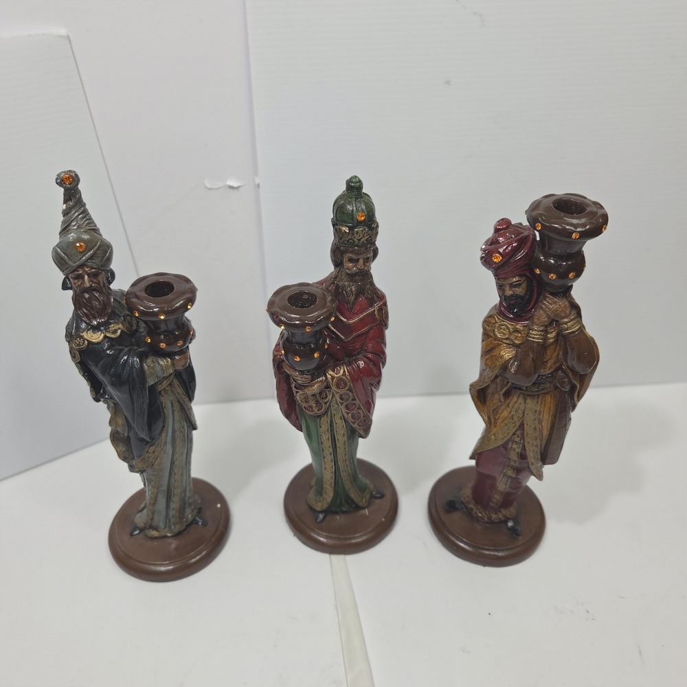 Vintage 3 Wise Men Nativity Candle Holders Set Kings Resin Beaded Rhinestone 14"
